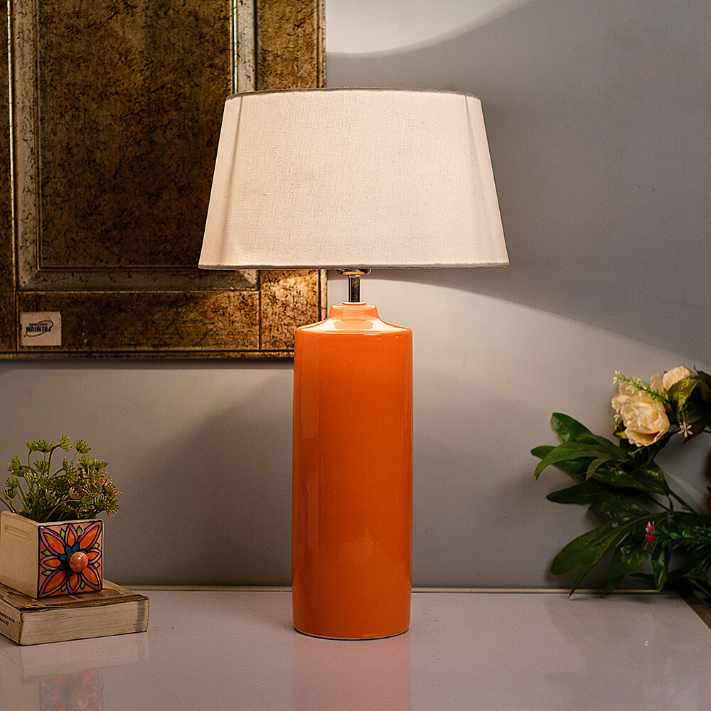 Ceramic Base Orange Table Lamp With, Cylinder Shade Table Lamp