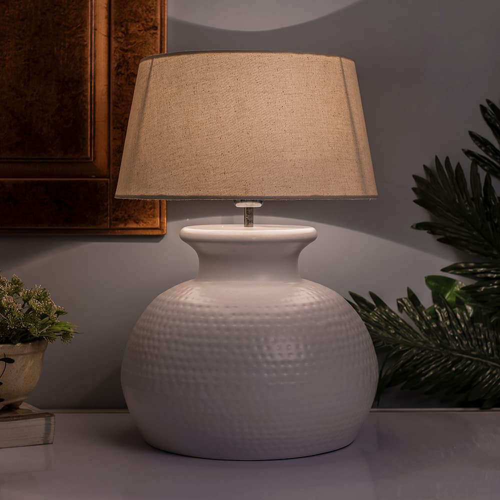 Buy Matt White Hammered Pitcher Table Lamp With Khadi Drum Shade