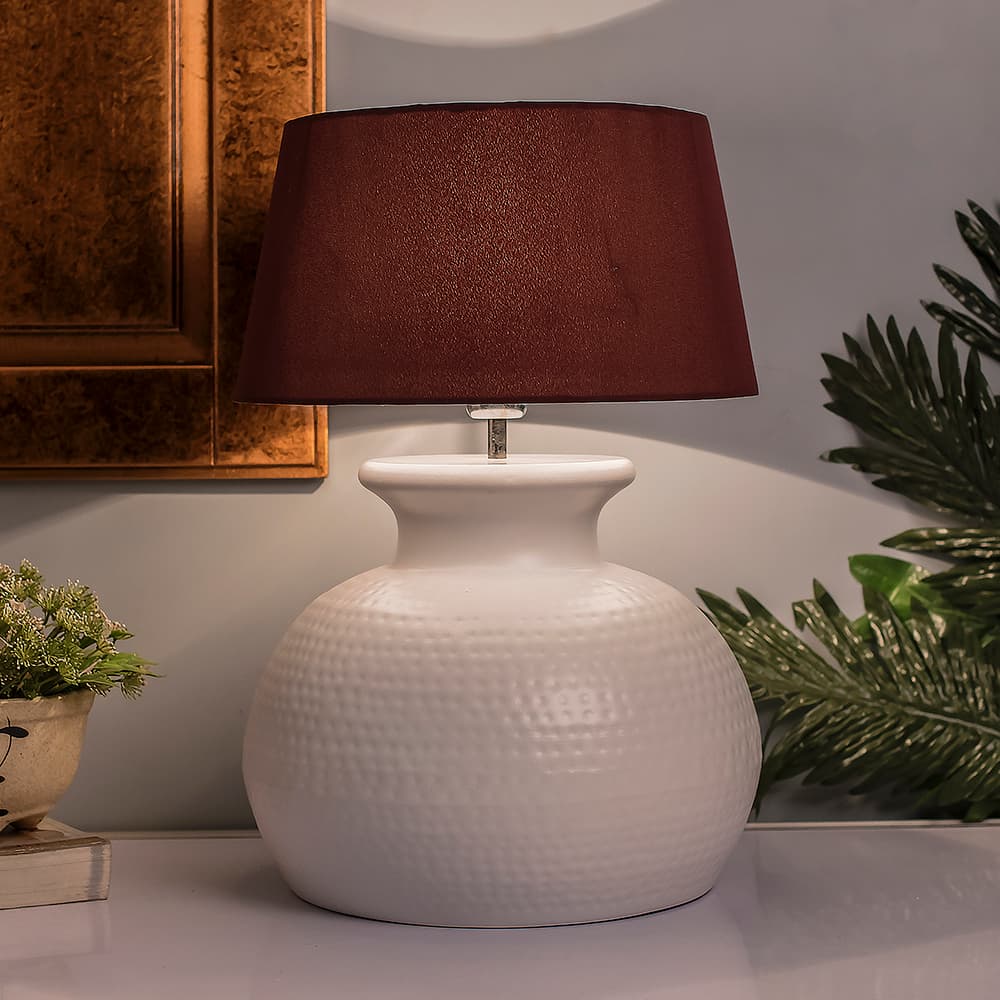 Buy Matt White Hammered Pitcher Table Lamp With Red Drum Shade