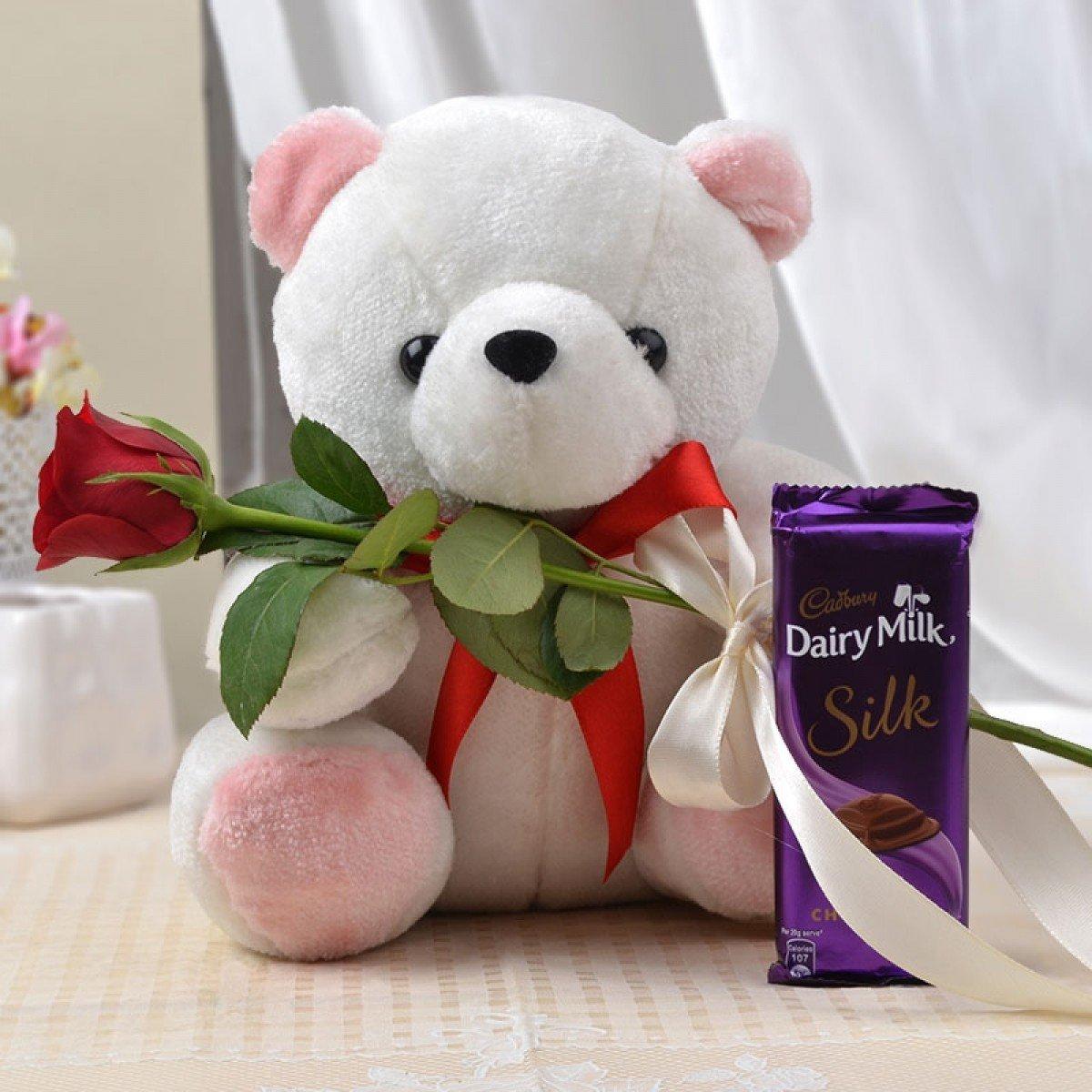 Single Red Rose with Teddy Bear and Chocolate