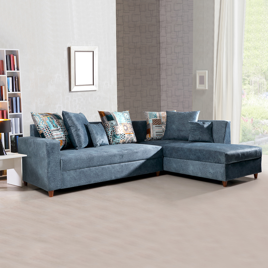 Macy Fabric Lounger Sofa Right Blue Online Evok