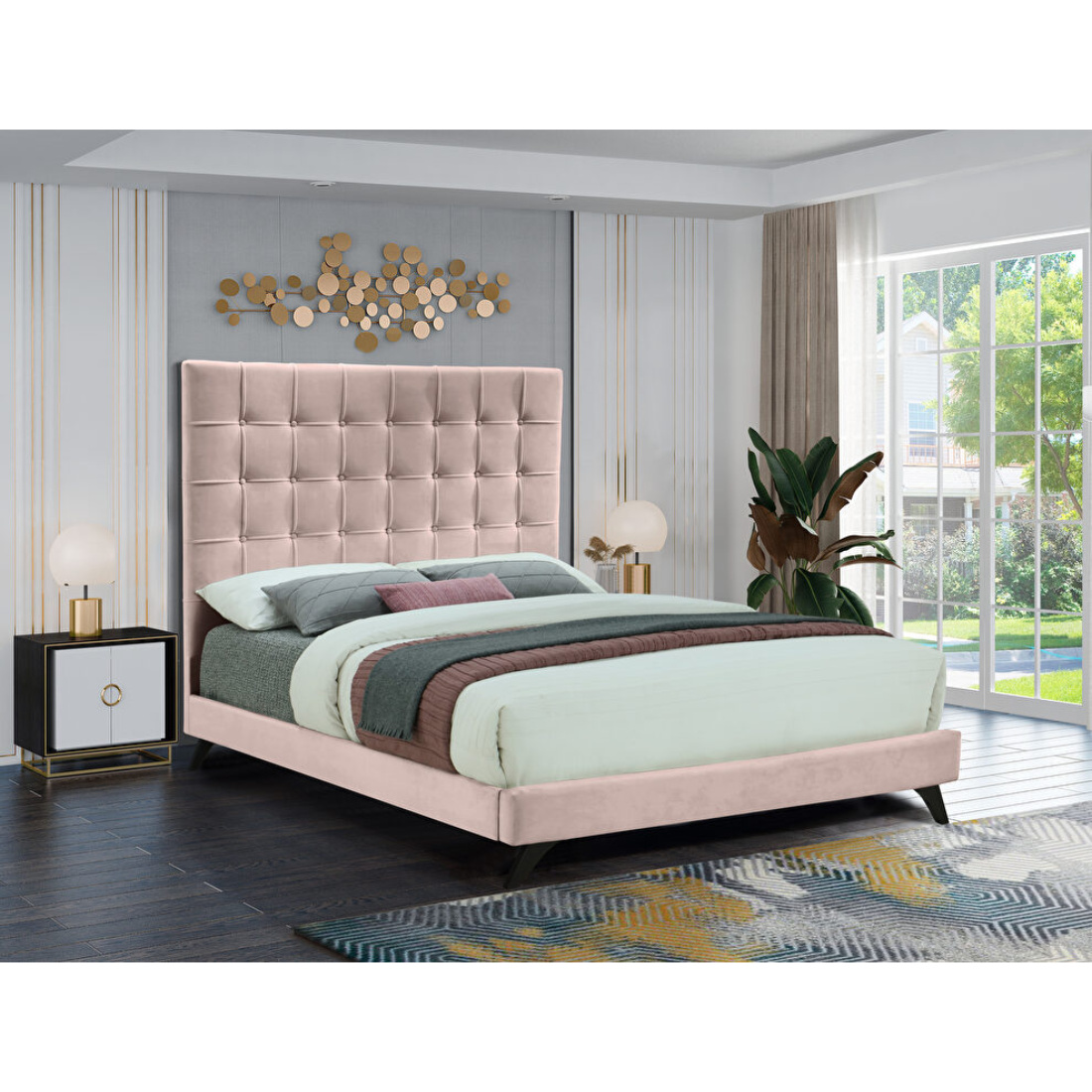 Sylvia Queen Size Upholstered Bed, Pink Tufted Headboard Queen