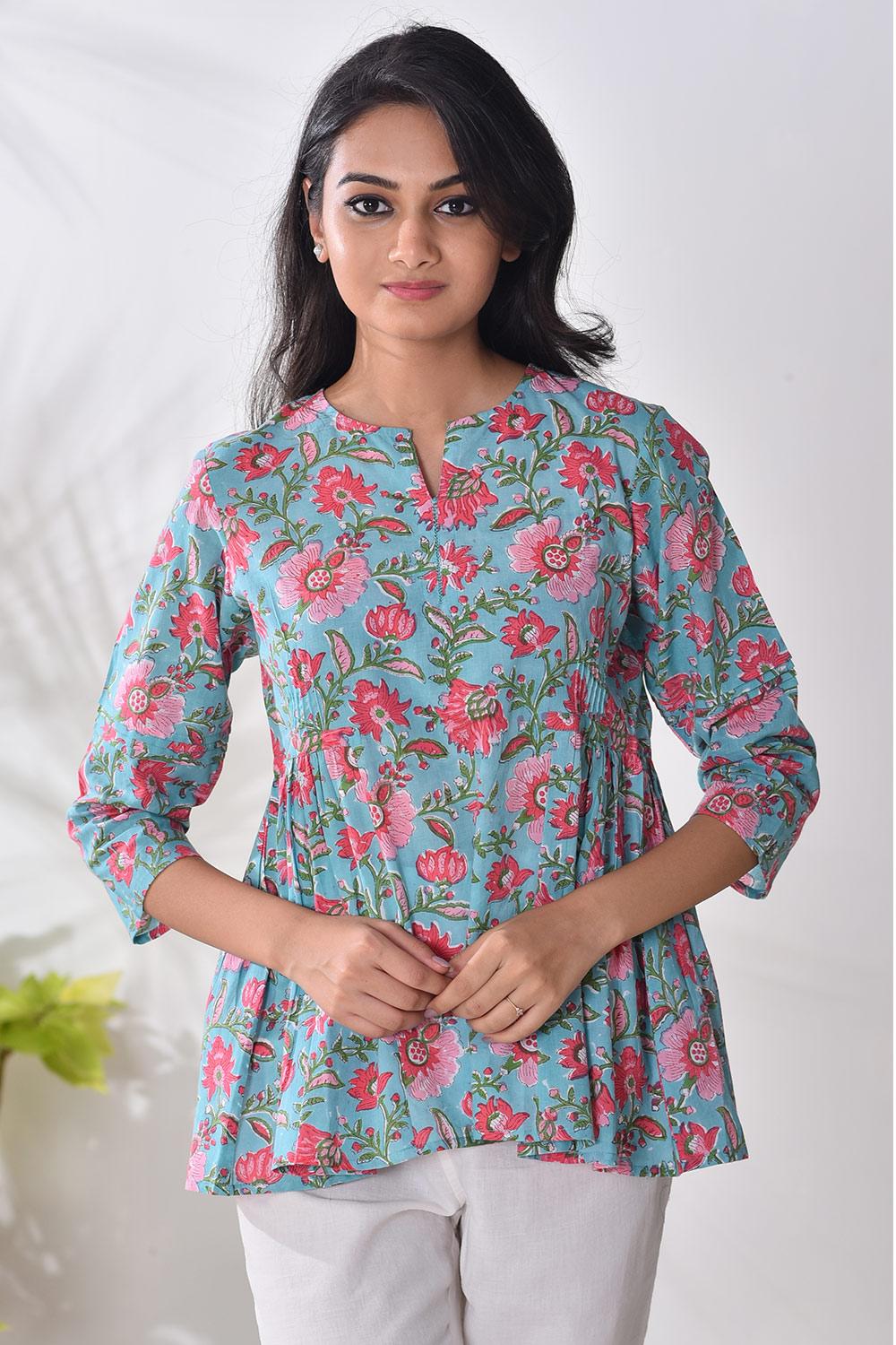 Floral design hand block printed pure cotton short top