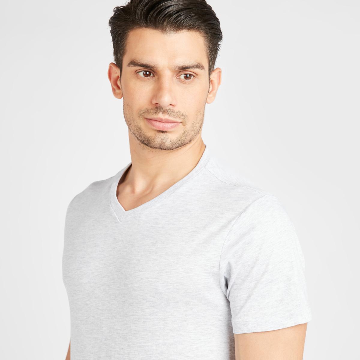 Textured T-shirt with V-neck and Short Sleeves
