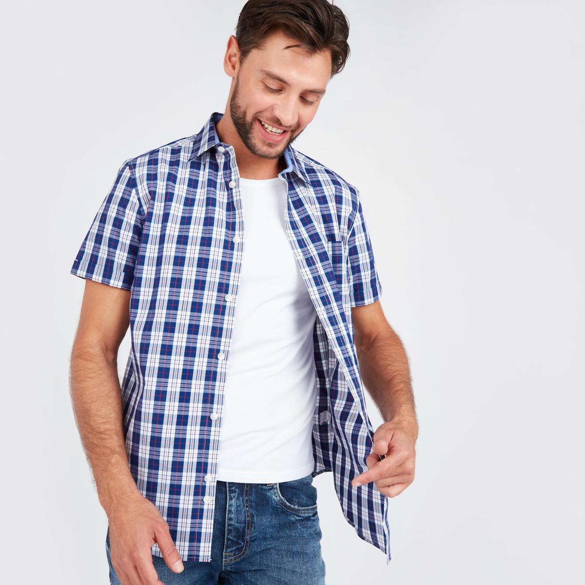 Checked Shirt with Spread Collar and Short Sleeves