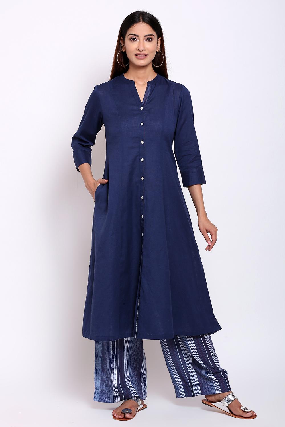 Buy Online Navy Blue Cotton Flax A Line Suit Set for Women & Girls at ...