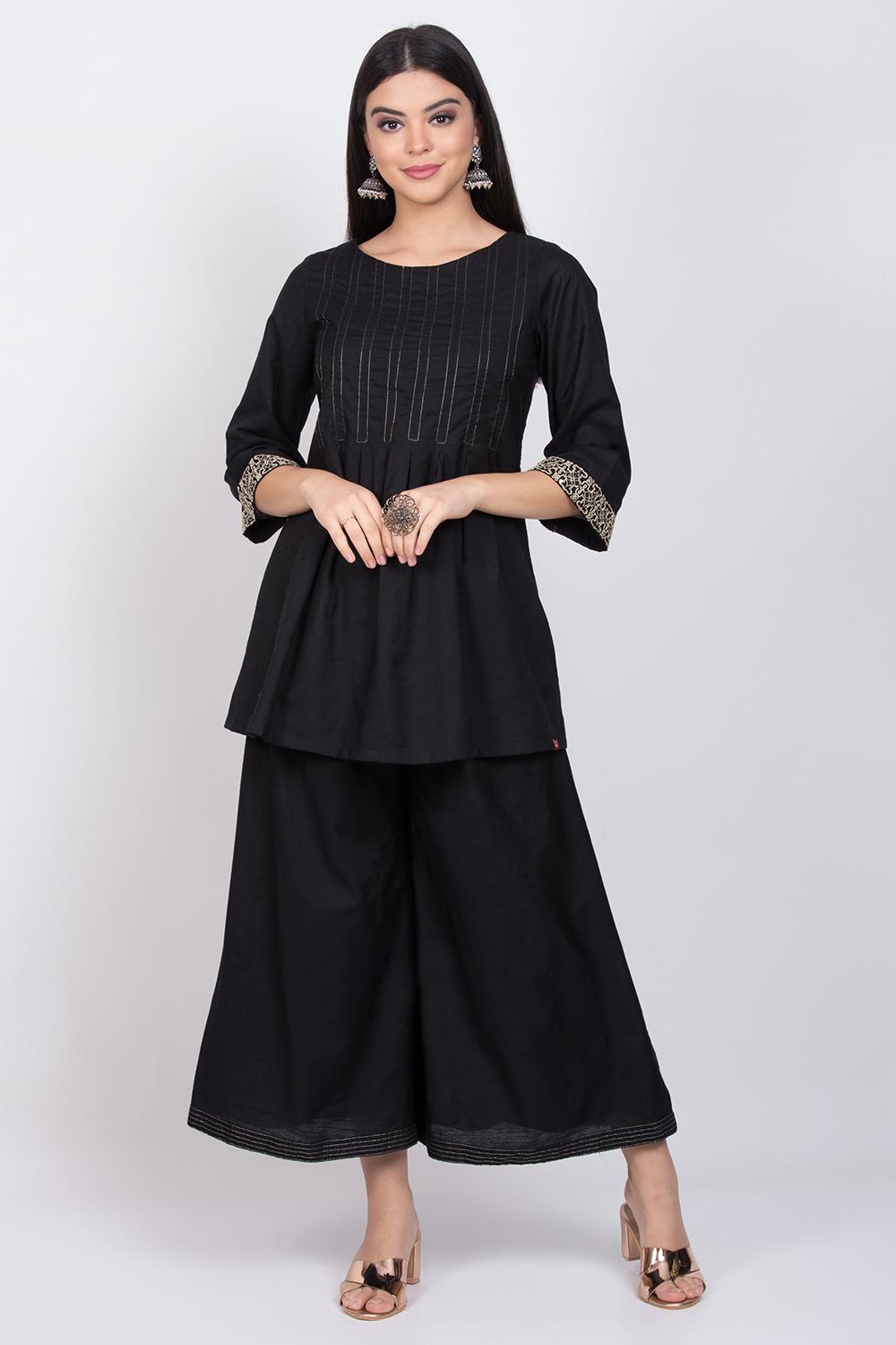 Buy Online Black Cotton Silk Straight Fusion Wear 3 Piece Set for Women ...