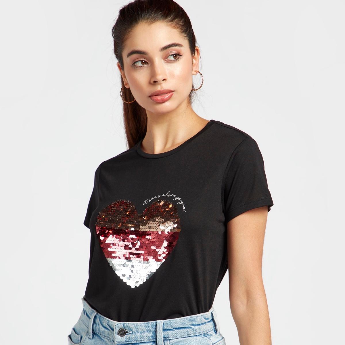 Heart Sequin Embellished Round Neck T-shirt with Cap Sleeves