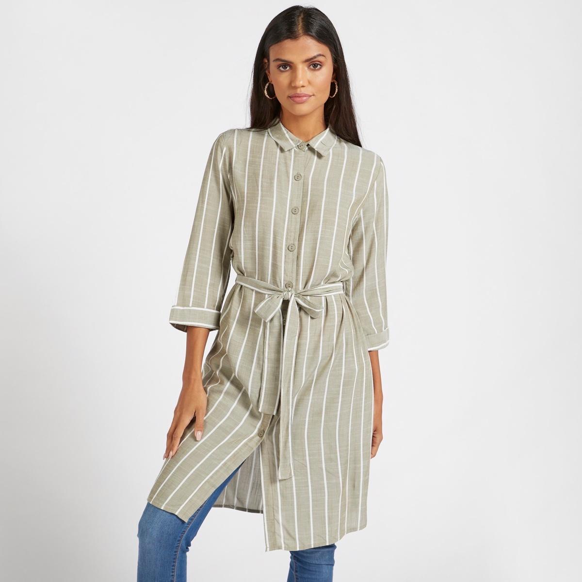 Striped Knee Length Tunic with 3/4 Sleeves and Tie-Up Waist Belt