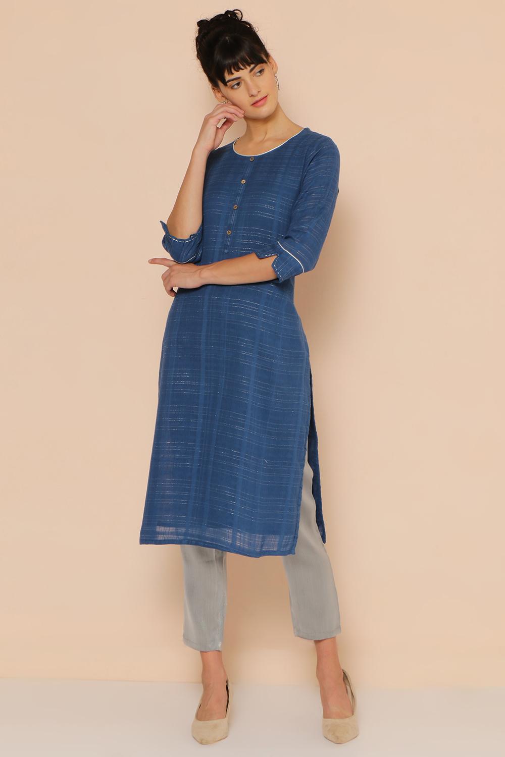 Buy Online Royal Blue Cotton Straight Kurta for Women at Best Price at