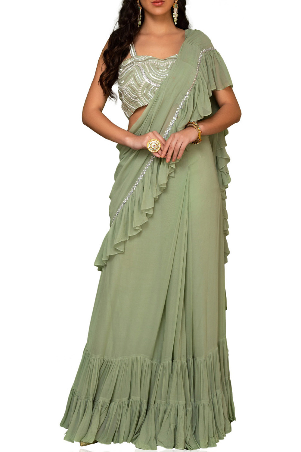 Sage green frill saree with blouse by Chhavvi Aggarwal available ...