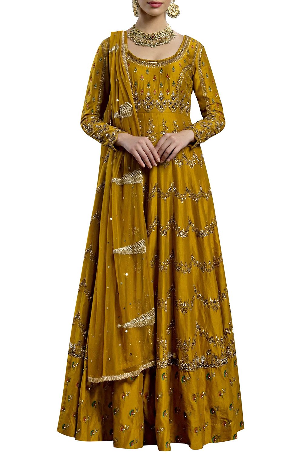 Mustard yellow embroidered anarkali set available online. Festive ...