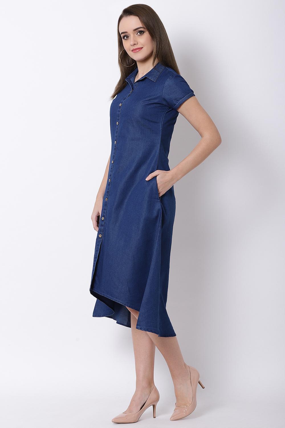 Denim Blue Cotton Asymmetric Dress