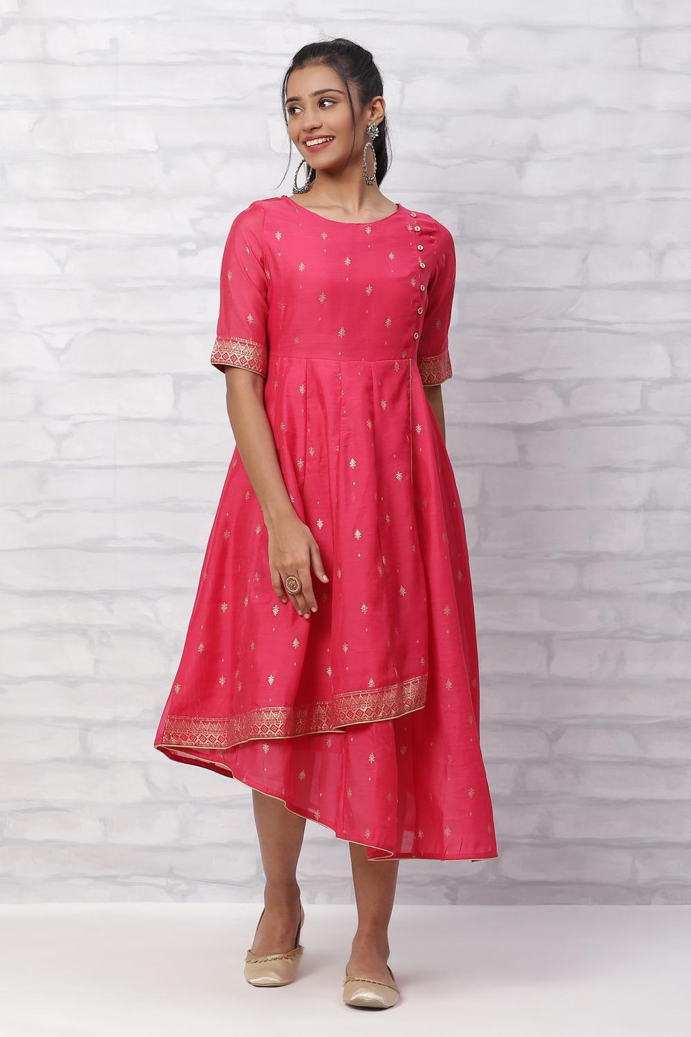 Pink Polyester Chanderi Kalidar Dress