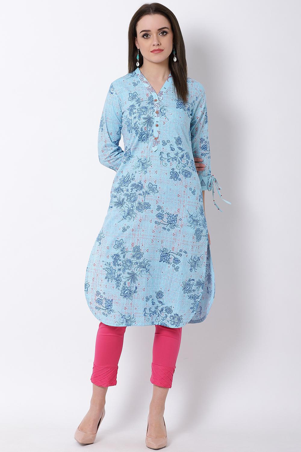 Buy Online Sky Blue Cotton Straight Kurta for Women at Best Price at ...