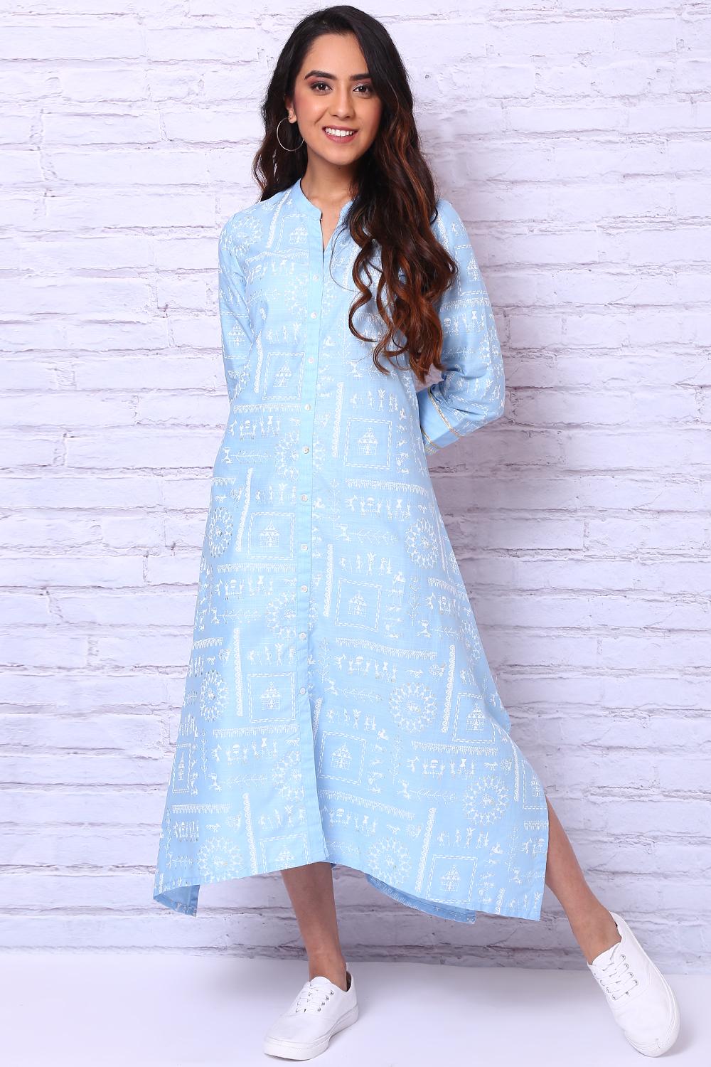Blue Cotton Slub Asymmetric Dress