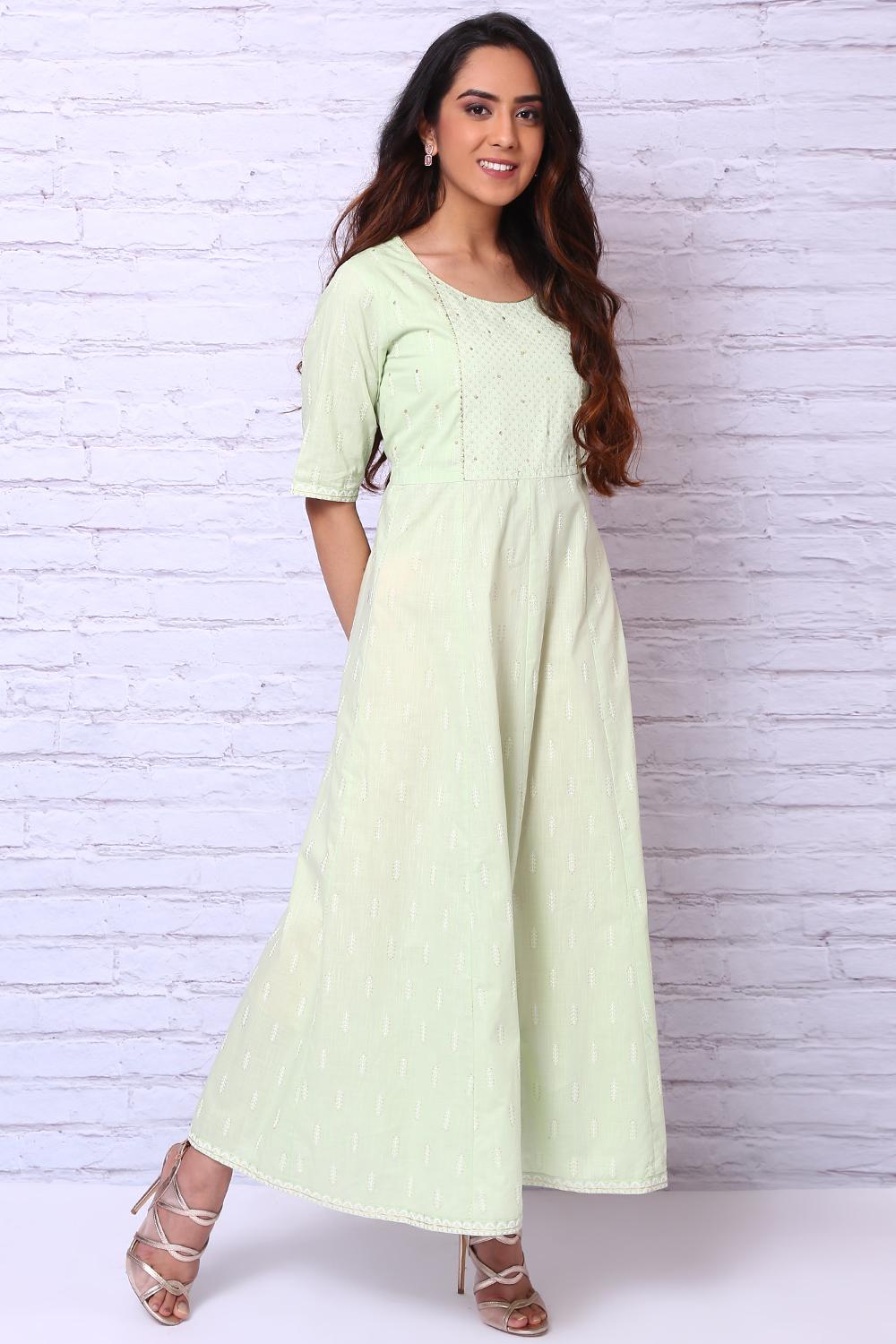 Mint Green Cotton Slub Kalidar Dress
