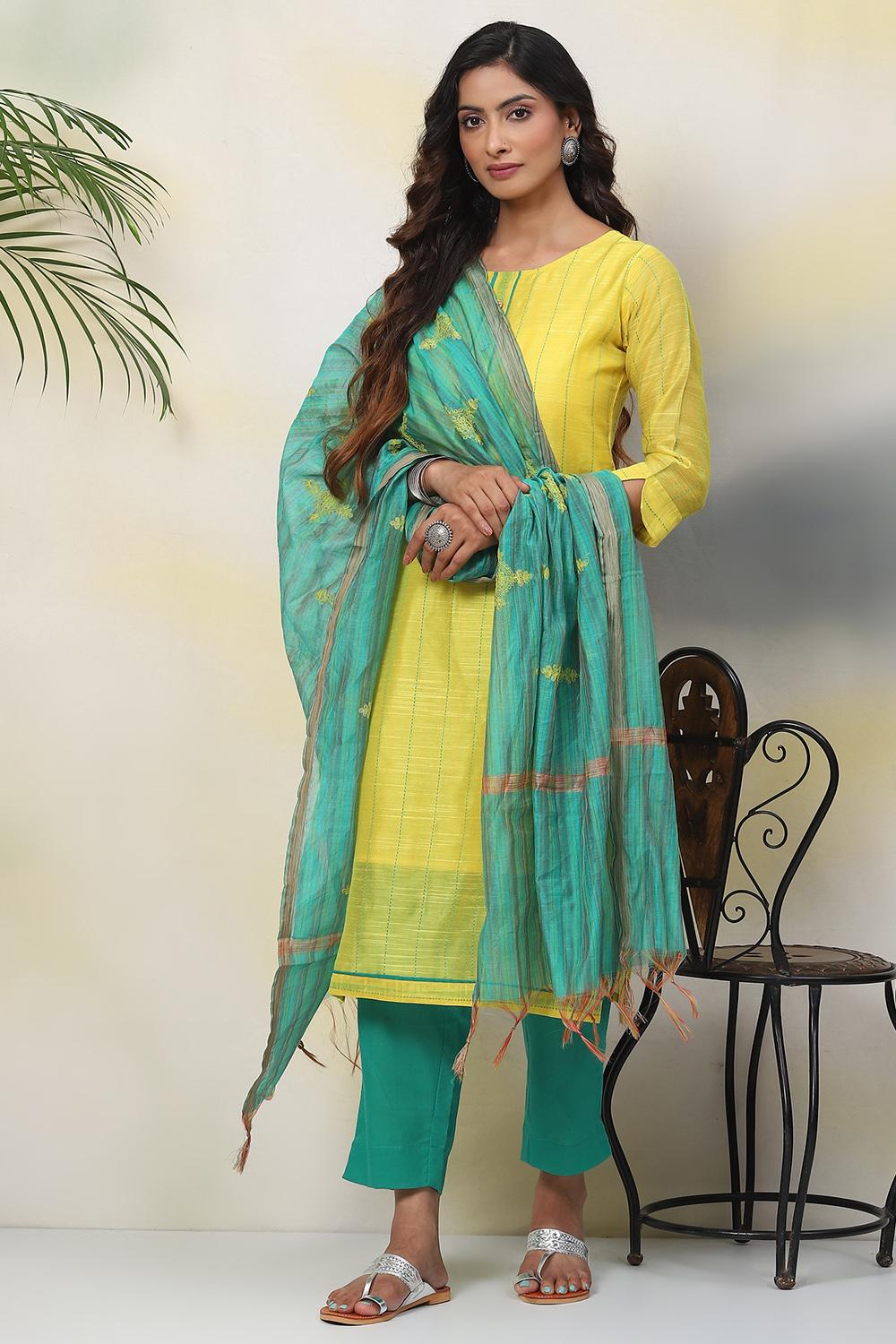 Buy Online Lemon Green Chanderi Unstitched Dress Material Suit Set ...