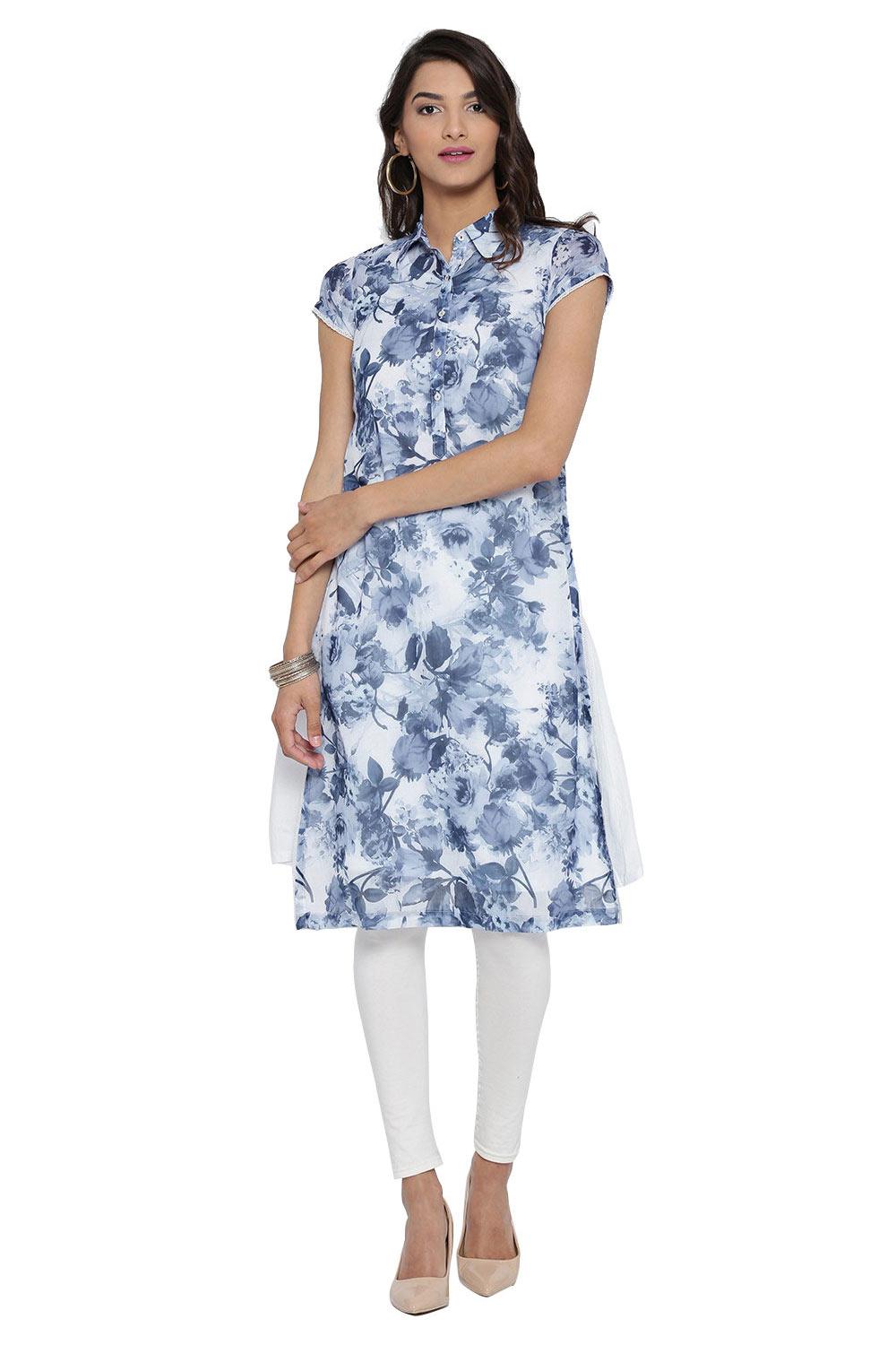 Buy Online Blue Poly Cotton A-Line Kurta for Women and Girls at ...