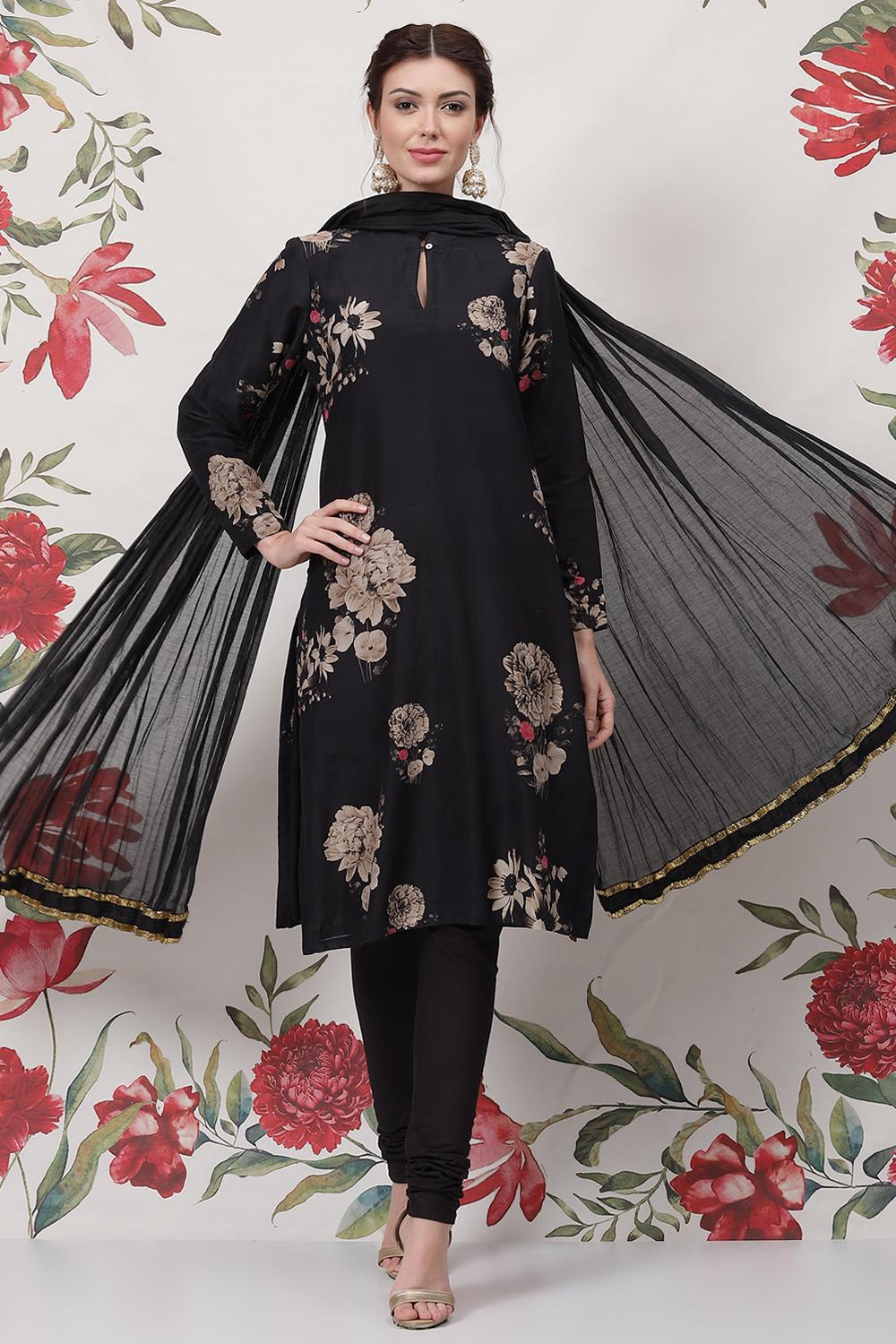 Buy online Rohit Bal Black Silk & Cotton Straight Kurta Suit Set ...