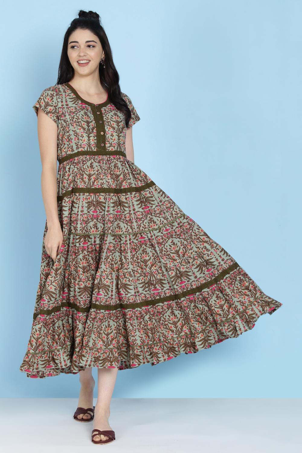 Buy Online Sage Green Cotton Fusion Wear Dress for Women & Girls ...