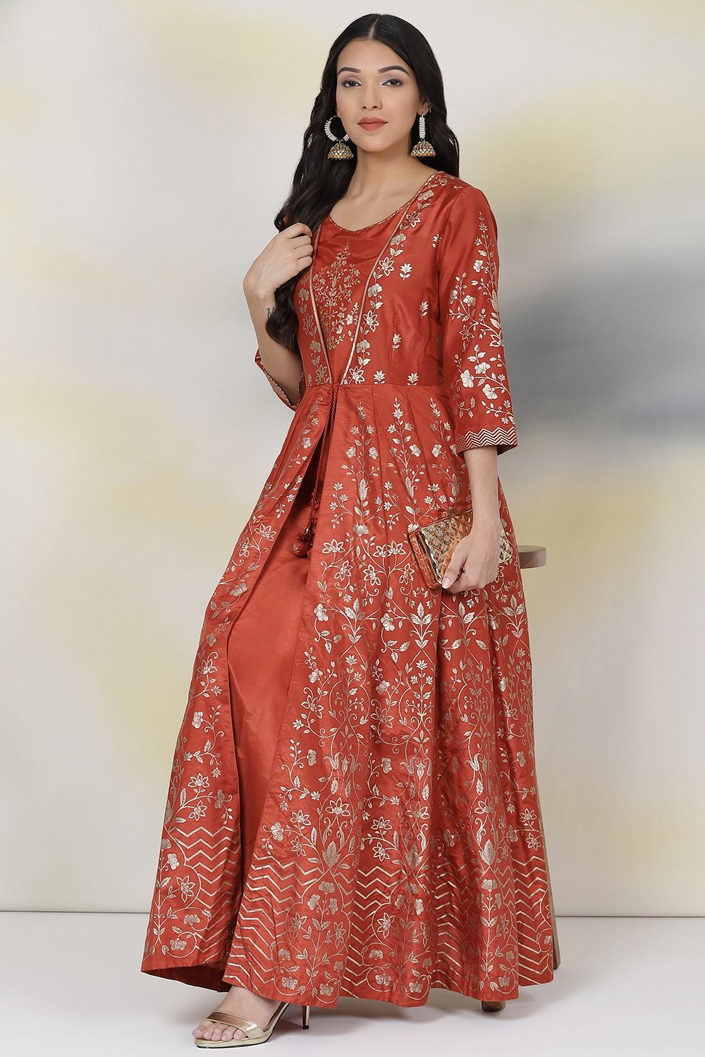 Buy Online Orange Flared Art Silk Fusion Wear Dress for Women ...
