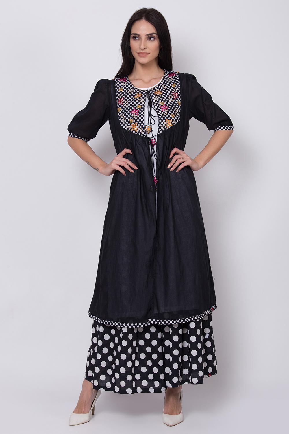 Buy Online Black And White Cotton Front Open Kurta for Women ...