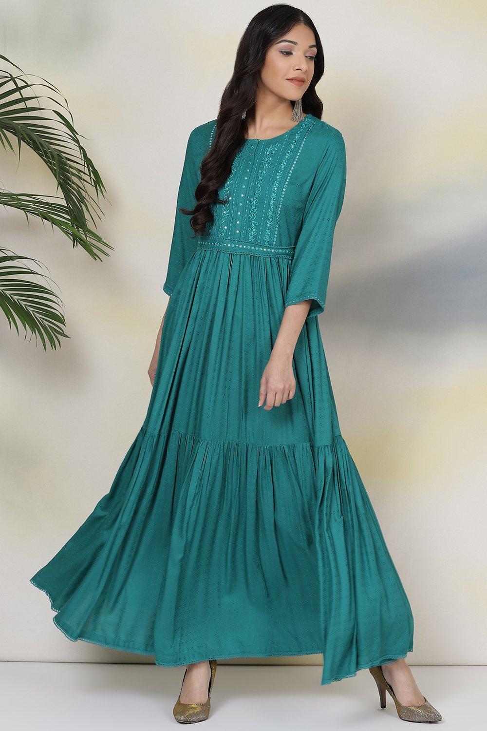 Buy Online Emerald Green Straight Rayon Fusion Wear Dress for ...