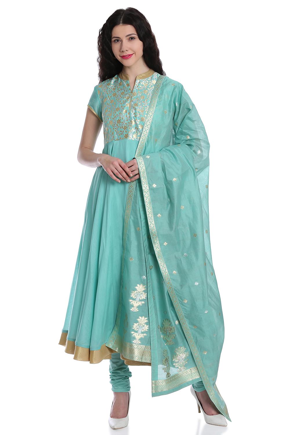 Buy Online Sea Green Anarkali Cotton Silk Suit Set for Women & Girls at ...