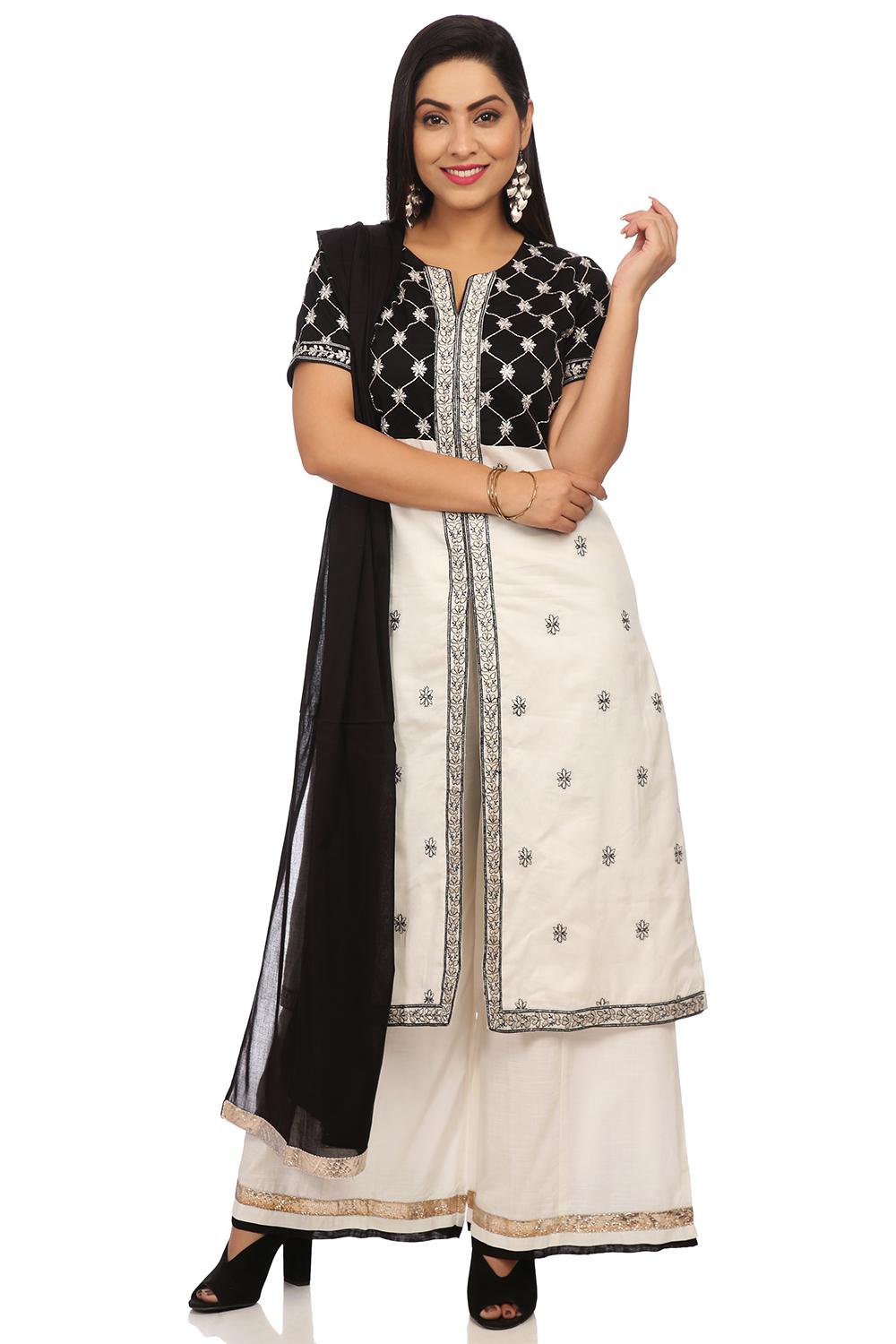 Buy Online Black & White Cotton Silk Anarkali Suit Set for Women ...