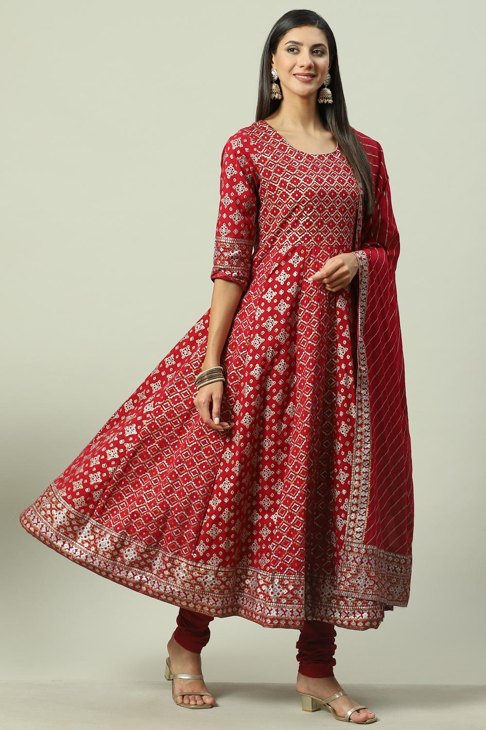 Buy online Cherry Red Cotton Anarkali Suit Set for women at best ...