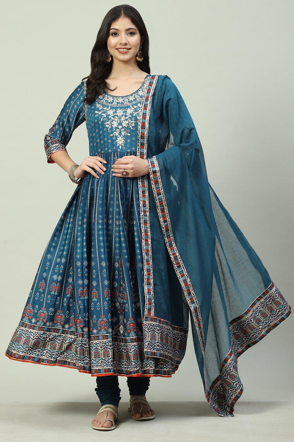 Buy online Teal Cotton Anarkali Suit Set for women at best price ...