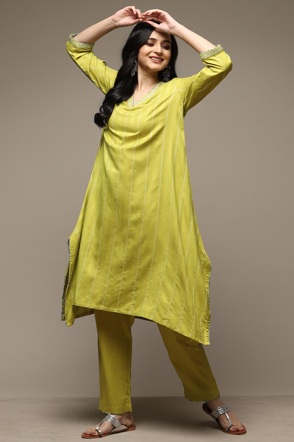 Buy online Lime Green Rayon Asymmetric Kurta Pant Piece Set for womens  and girls at best price at