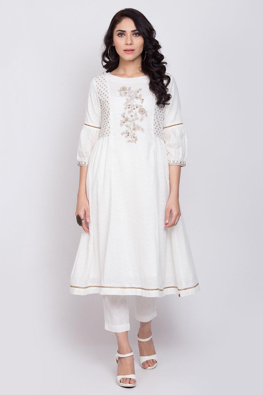 Buy Online Off White Cotton A Line Kurta For Women And Girls At Best