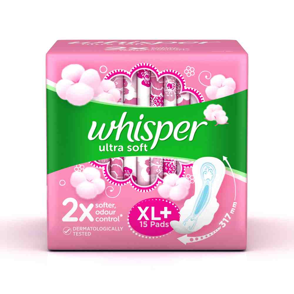 Whisper Ultra Soft Air Fresh Sanitary Pads for Women, XL+ 15 Napkins