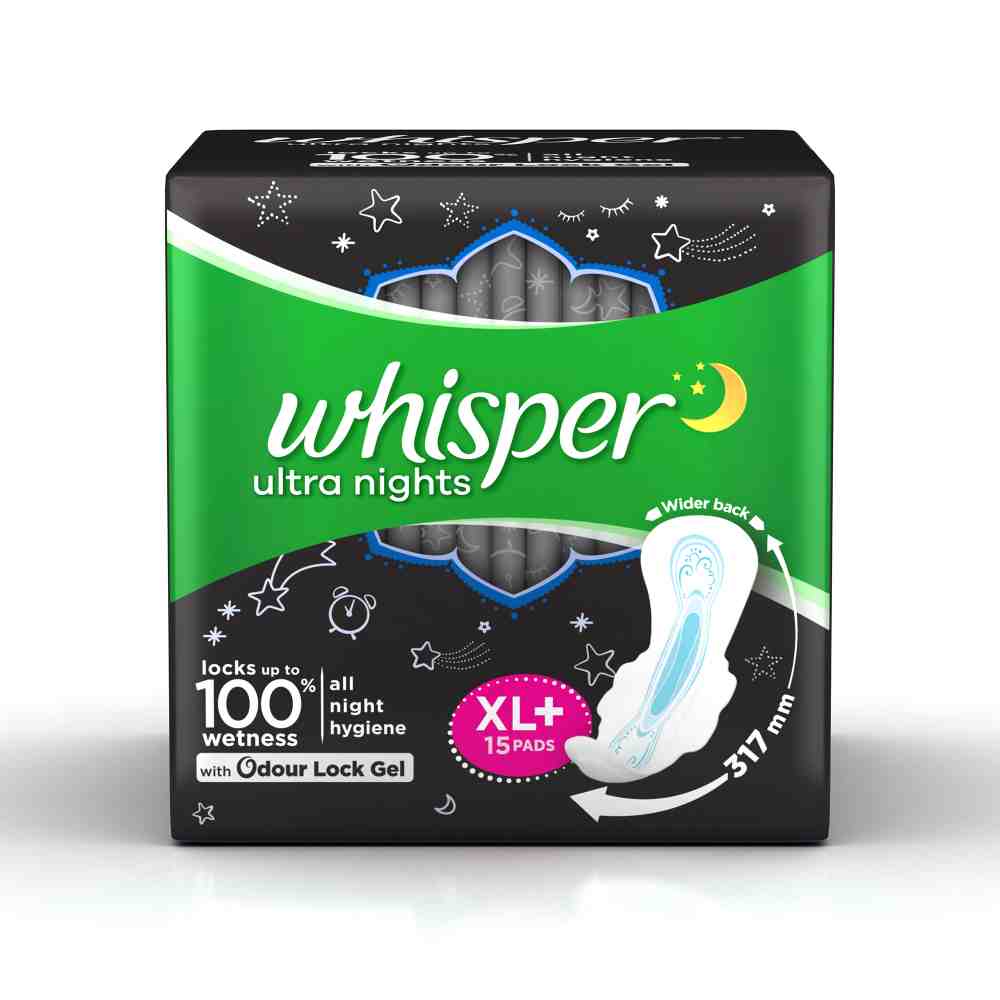 Buy Whisper Bindazzz Night Sanitary Pads, Pack of 15 thin Pads, XL+, upto 0%  Leaks, 40% Longer & Wider back, Dry top sheet, Long lasting coverage, Faster  absorption, 31.7 cm Long