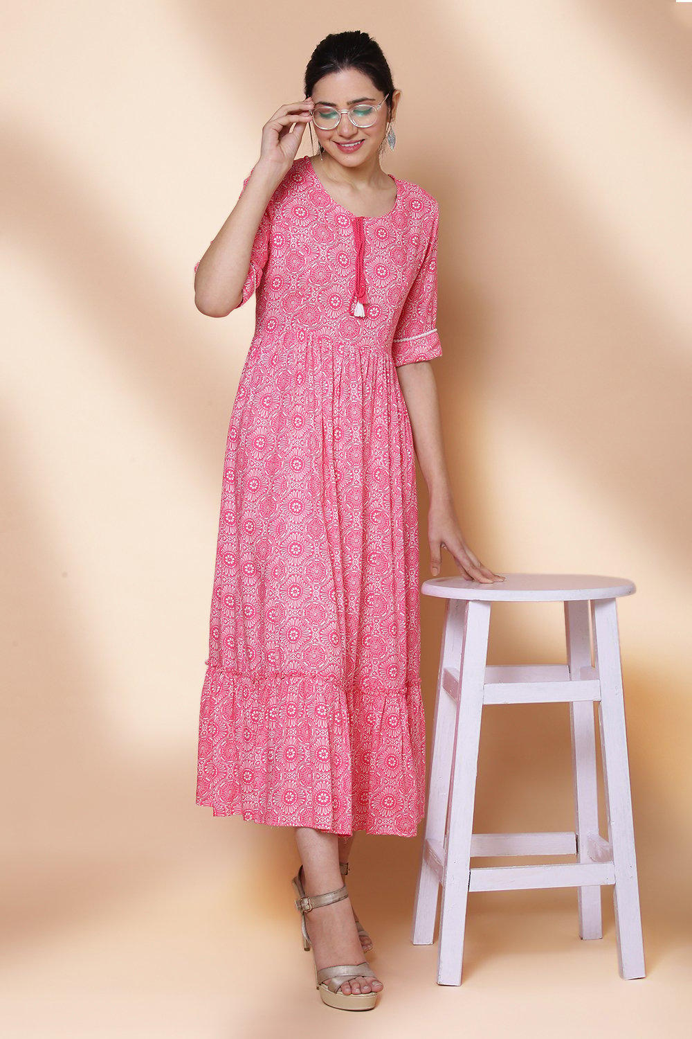 Pink Viscose Rayon Flared Dress