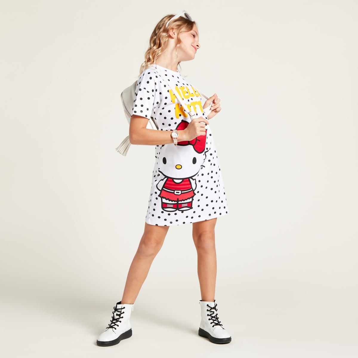 Sanrio Hello Kitty Print Dress with Round Neck and