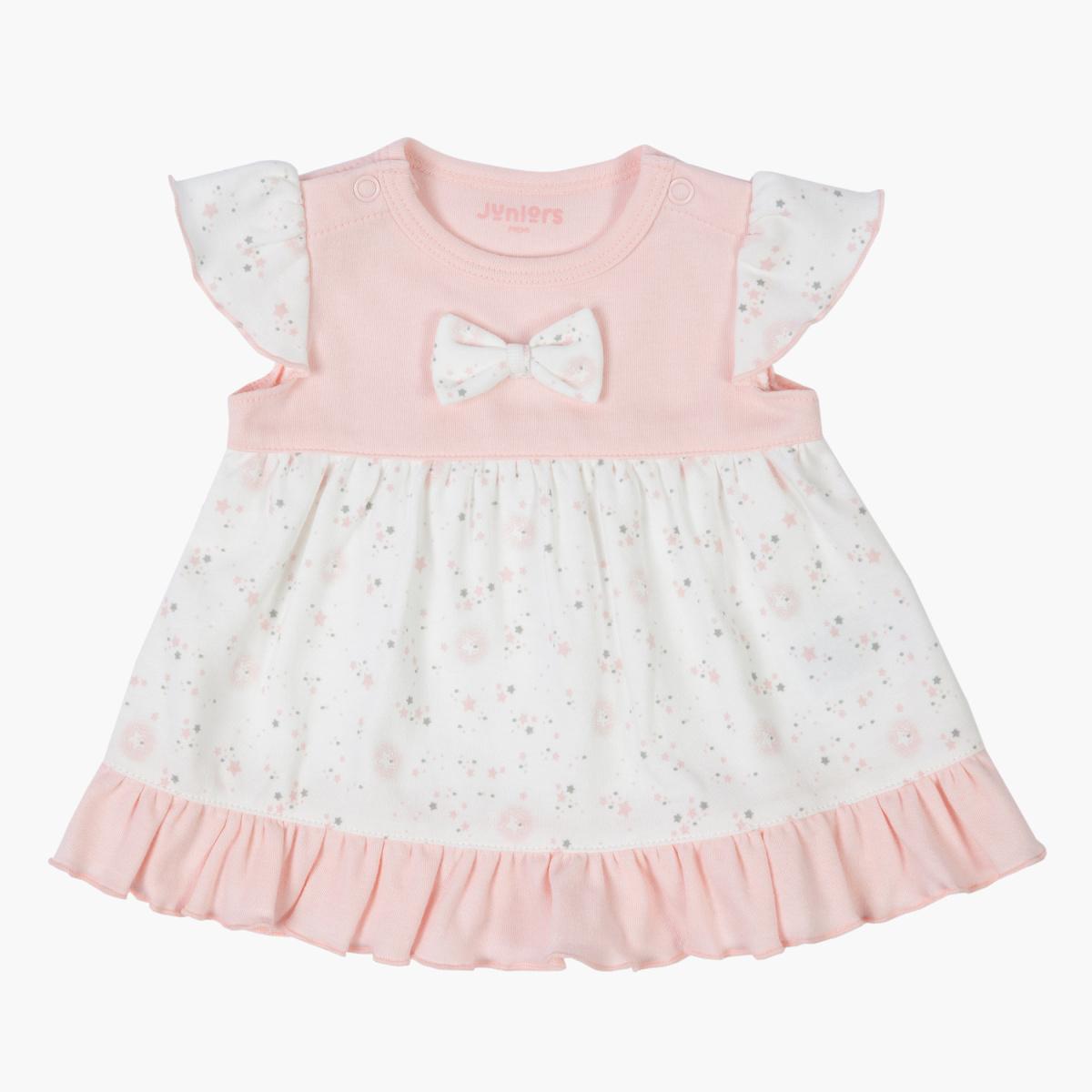 Juniors Printed Dress with Cap Sleeves and Bow Det