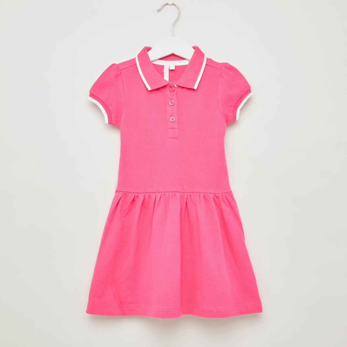 Juniors Solid Dress with Short Sleeves and  Piping