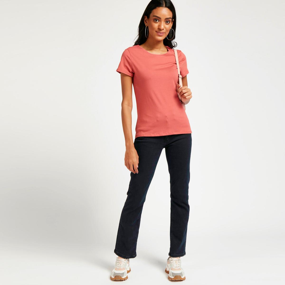Solid T-shirt with Round Neck and Cap Sleeves