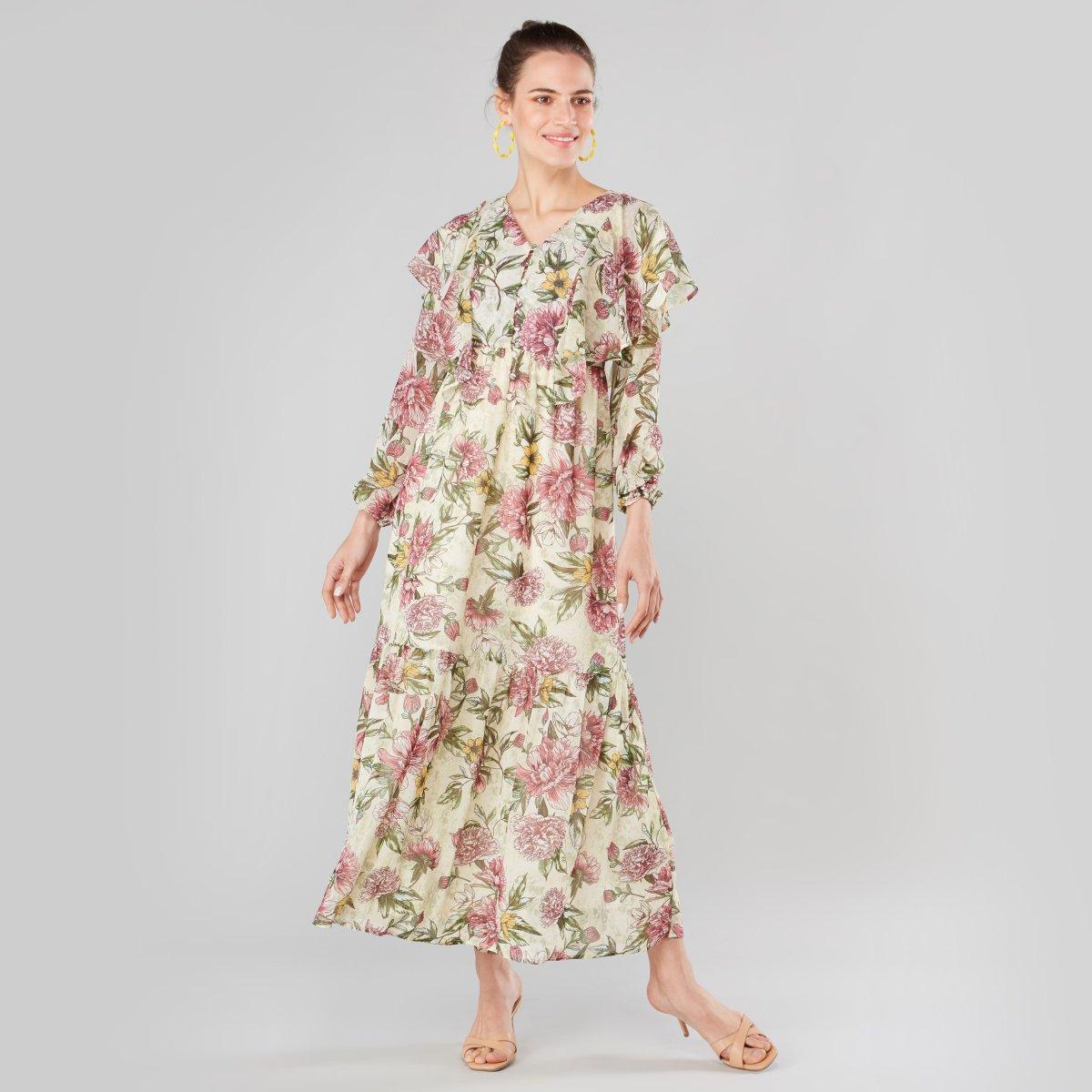 Floral Print V-Neck Midi Dress With Long Sleeves