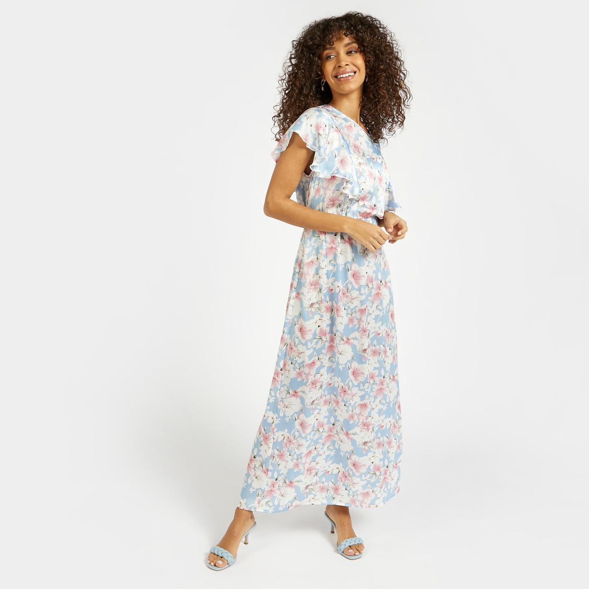 Floral Print A-line Maxi Dress with Cape Detail Sl