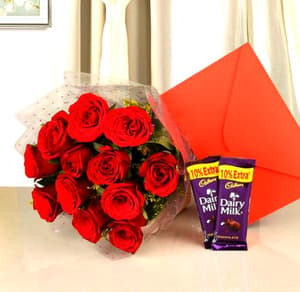 12 Red Roses Bunch, 2 Dairy Milk Chocolates and Greeting Card