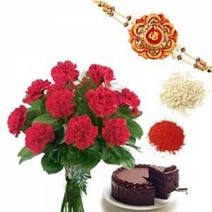 Rakhi with 12 Red Carnations Bunch n 1/2Kg Chocolate Cake 