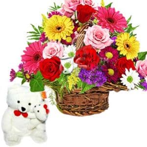 Cute Teddy n Basket of 24 Mixed Flowers
