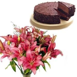 Pink Lilies with Chocolate Cake