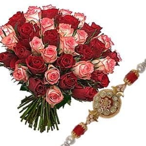 Rakhi with Red n Pink Rose Bouquet