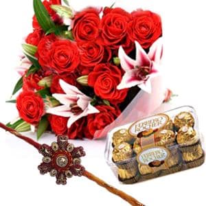 Roses Lilies with Rakhi n Chocolates