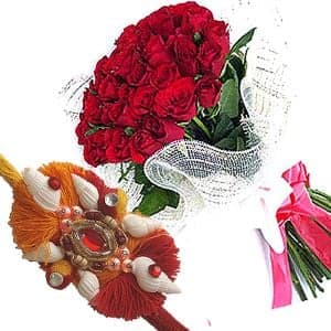Rakhi with Hand Bunch of Red Roses